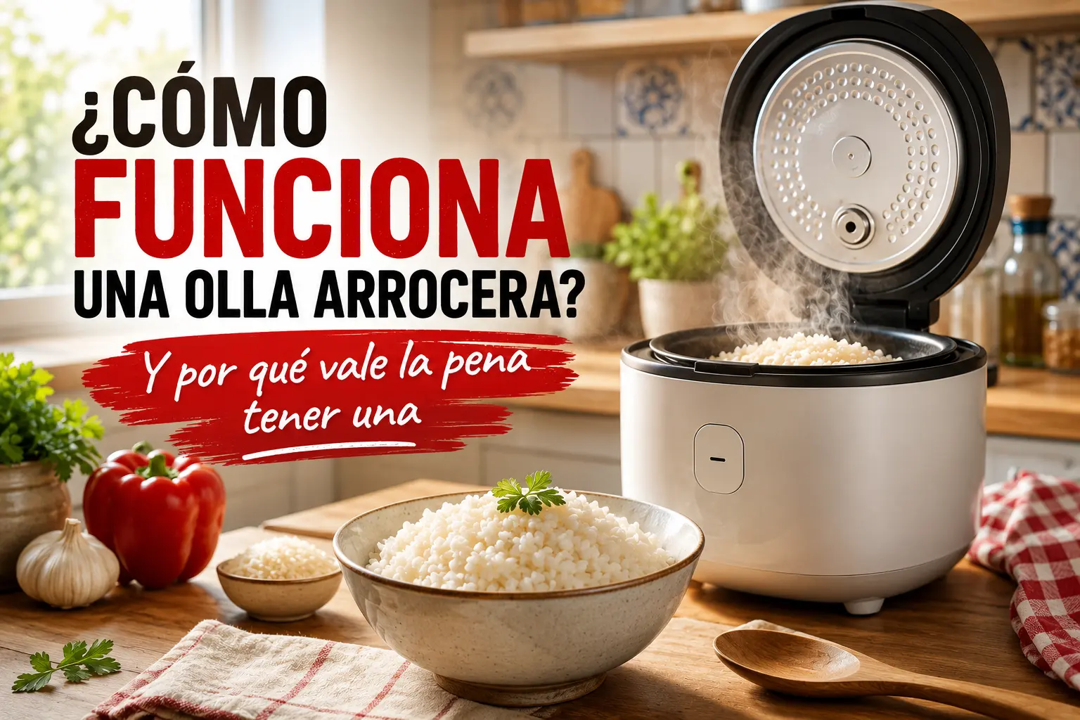 Cómo funciona una olla arrocera eléctrica preparando arroz blanco recién hecho en una cocina moderna.