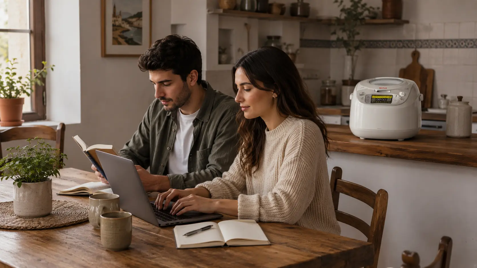 Pareja cocinando y trabajando desde casa en una cocina de estilo español con una olla arrocera eléctrica de 5 litros sobre la encimera.