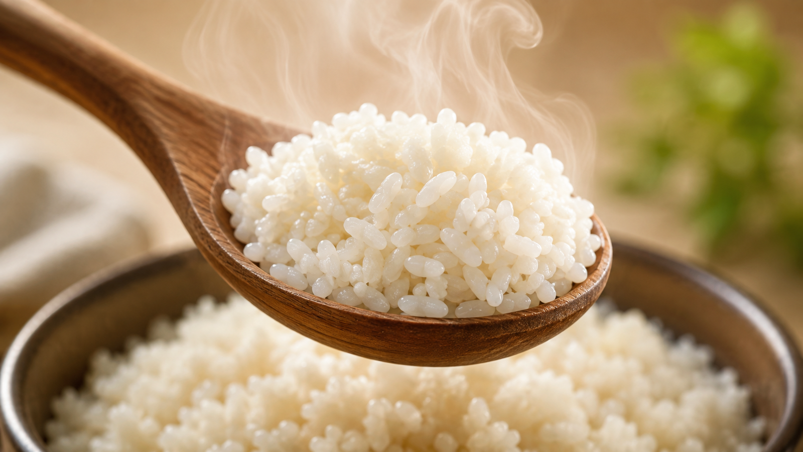 Arroz blanco recién cocido y humeante servido en una cuchara de madera, mostrando su textura y humedad.
