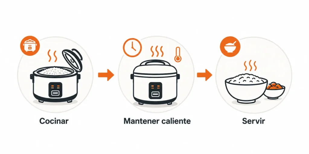 Funcionamiento del modo Keep Warm en una olla arrocera: cocinar, mantener caliente y servir el arroz.`