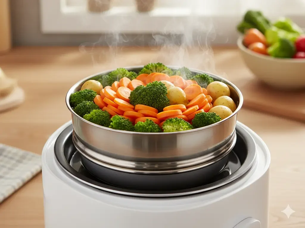 Verduras frescas como brócoli y zanahorias cocinándose al vapor en una olla arrocera.