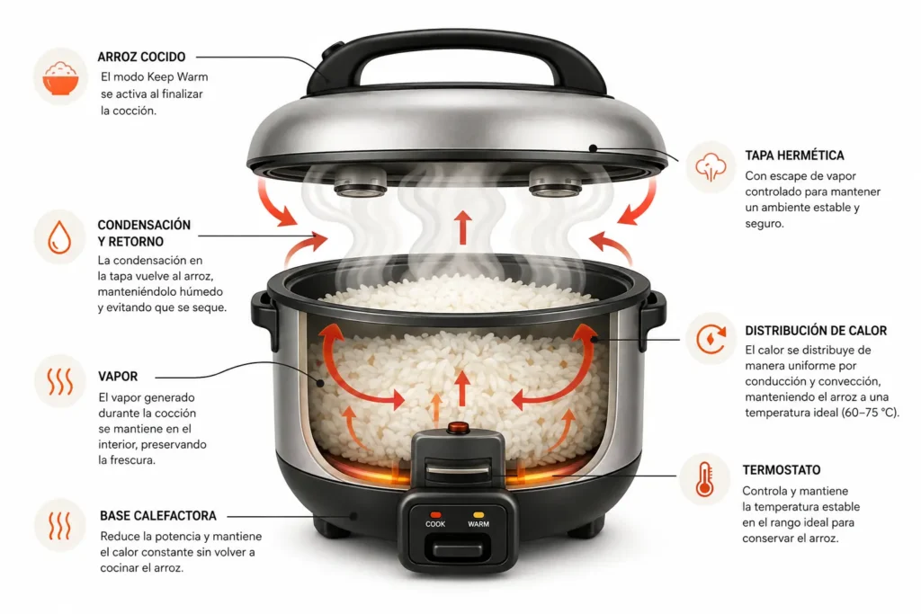 `Infografía sobre cómo funciona el modo Keep Warm de una arrocera, mostrando el vapor, la condensación, la distribución del calor y el control del termostato para mantener el arroz caliente.`

