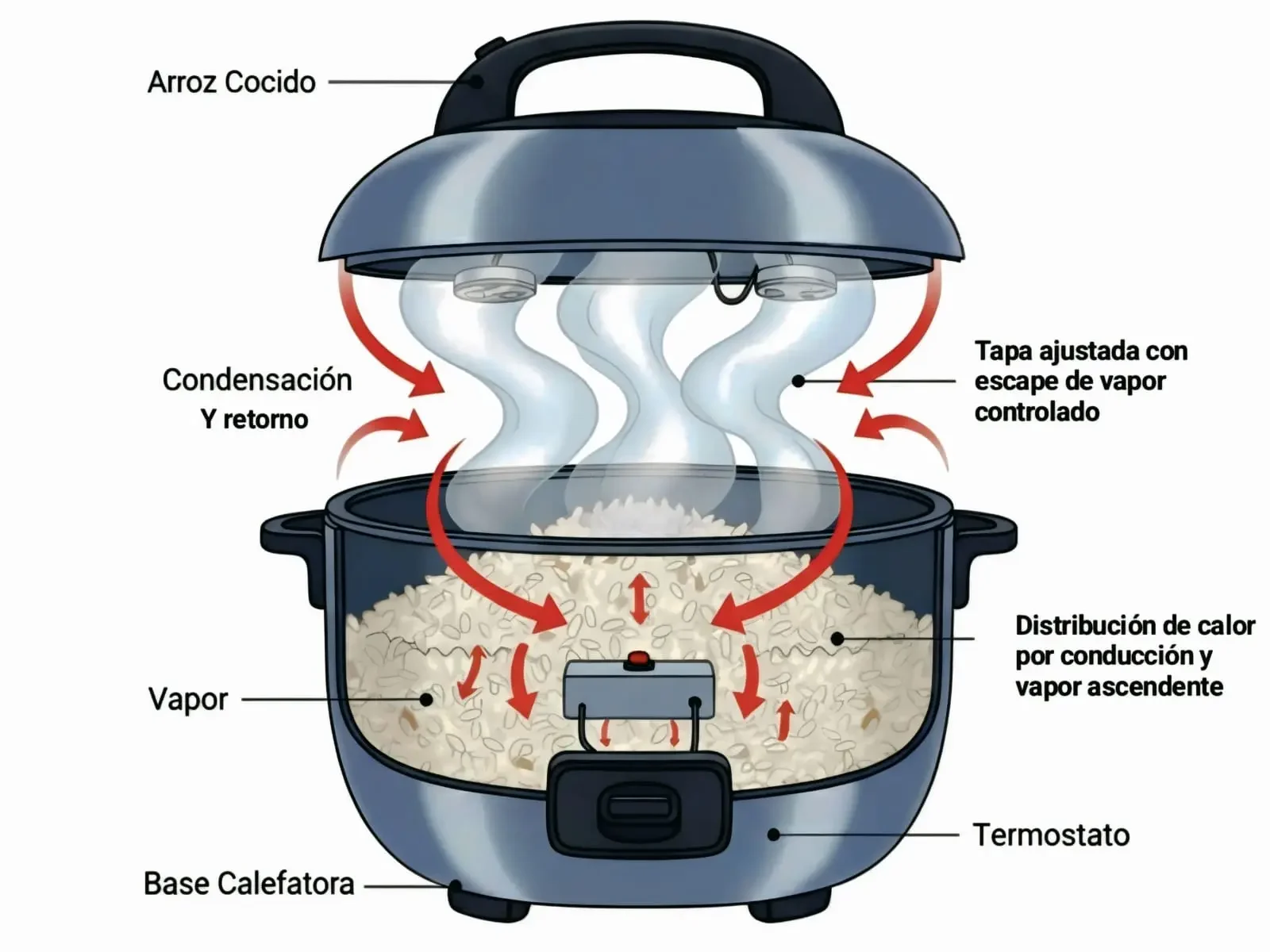 Corte transversal de una olla arrocera mostrando el funcionamiento del modo Keep Warm.