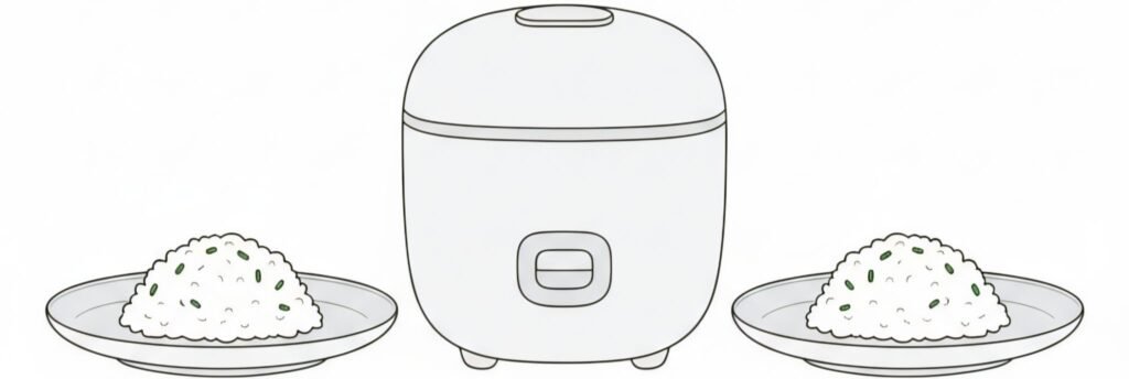 ilustración de arrocera con arroz servido para dos personas.