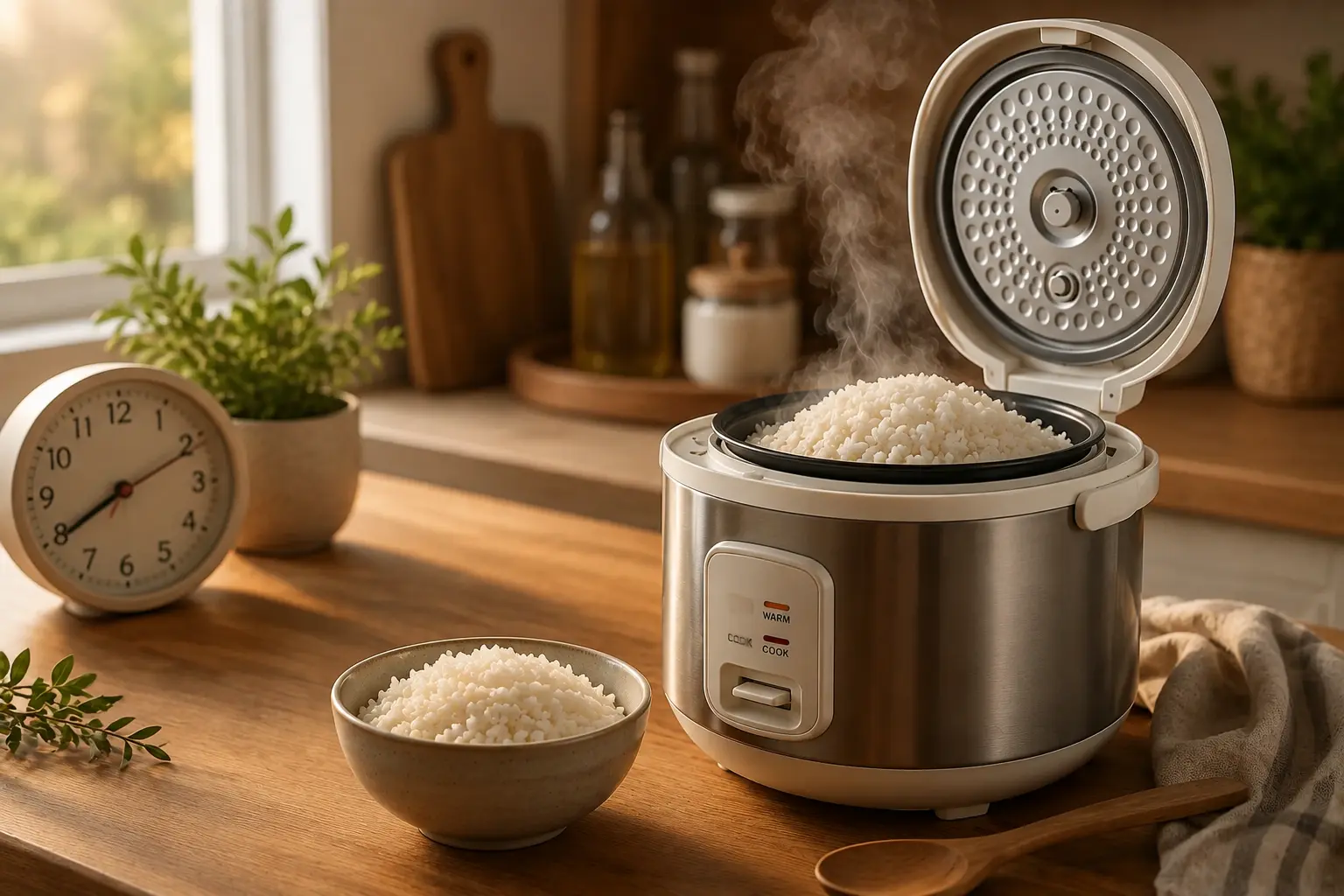 Arrocera con arroz blanco humeante sobre una mesa de madera, acompañada de un reloj y utensilios de cocina en un ambiente cálido.
