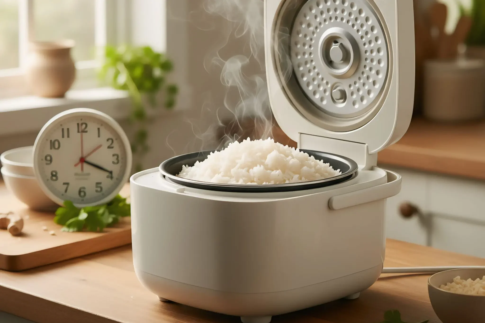 Arroz recién cocido humeando dentro de una arrocera eléctrica blanca, sobre una encimera de madera y junto a un reloj analógico, ilustrando el tema de cuánto tiempo se puede guardar el arroz.