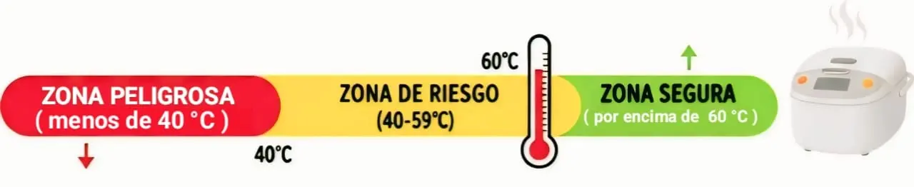 Diagrama de temperatura que indica la zona segura para mantener arroz cocido por encima de 60 grados.