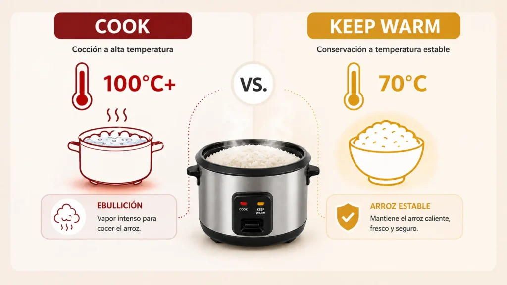 Comparación entre los modos Cook y Keep Warm de una arrocera eléctrica: Cook cocina el arroz a 100 °C o más, mientras Keep Warm lo mantiene caliente a unos 70 °C.
