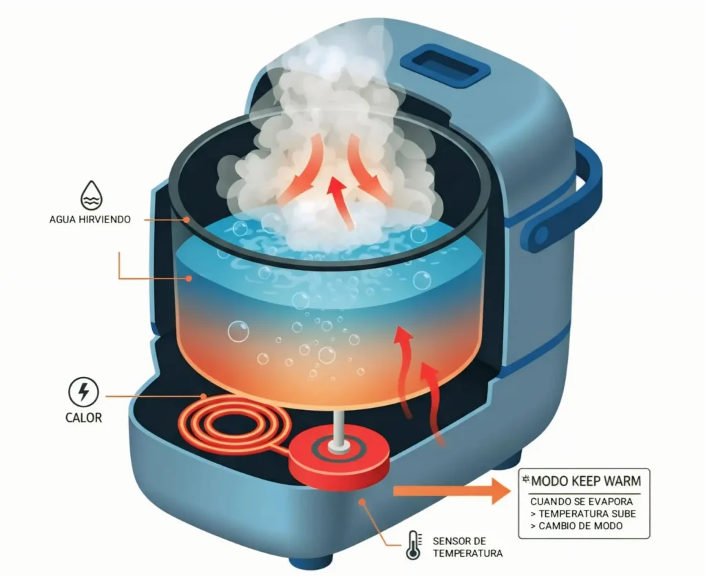 Diagrama de funcionamiento interno de una olla arrocera: el termostato detecta el vapor para cambiar al modo mantener caliente.