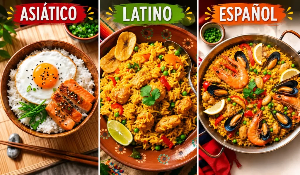 Comparación de platos de arroz asiático, latino y español.