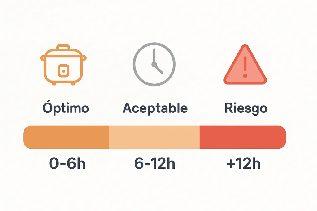 Infografía con tiempos seguros para conservar arroz en modo keep warm de una arrocera.