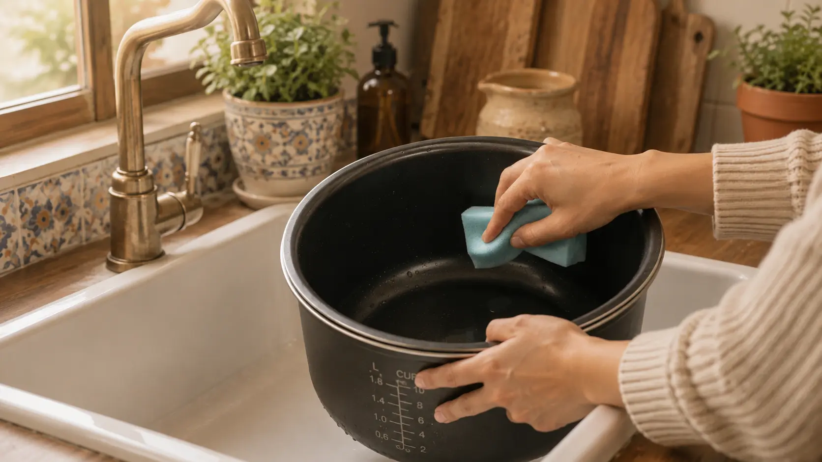 Lavado del recipiente antiadherente de una olla arrocera con una esponja suave en un fregadero de cocina de estilo español.