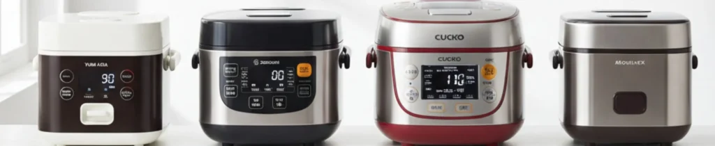 Cuatro modelos de ollas arroceras con función Keep Warm comparadas visualmente.