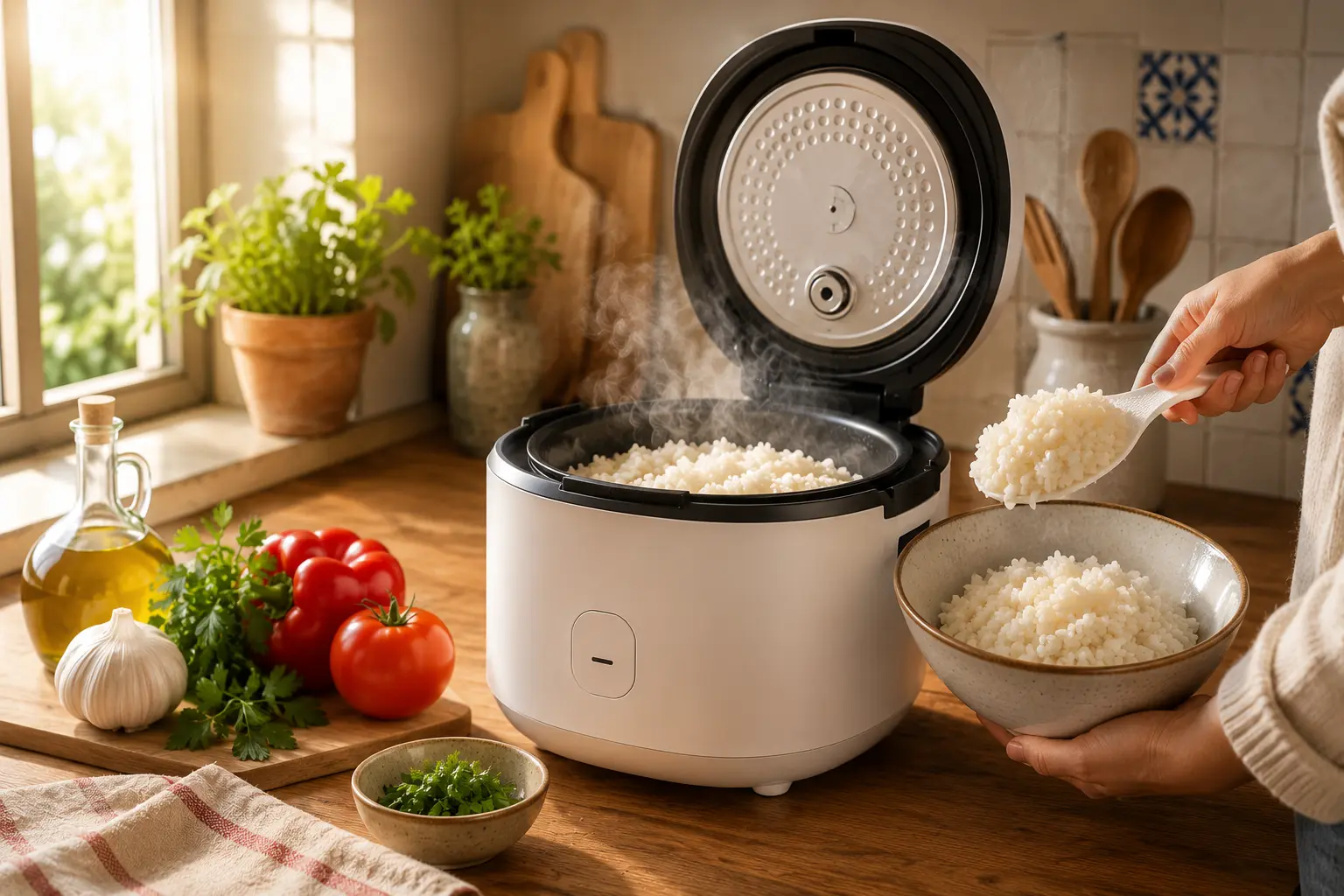 Persona sirviendo arroz recién hecho desde una olla arrocera en una cocina moderna.
