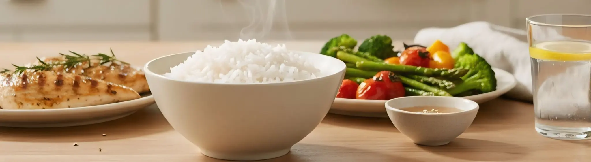 Plato de arroz blanco recién hecho con guarniciones saludables, pollo, verduras etc, en una mesa de cocina moderna .