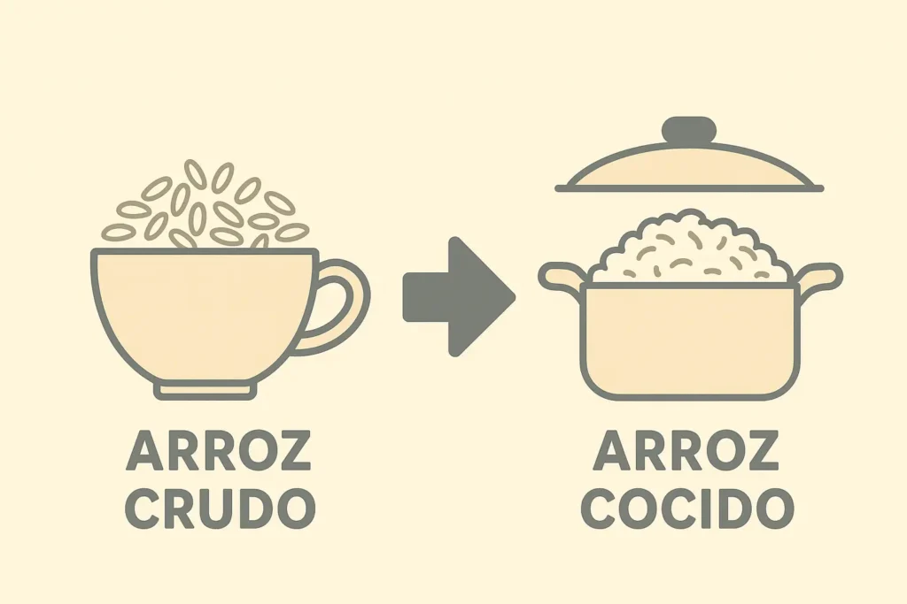 infografía del volumen de arroz crudo vs cocido