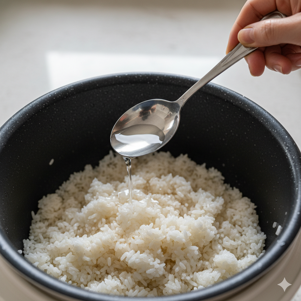 Persona añadiendo dos cucharadas de agua al arroz duro en la olla arrocera para arreglar la cocción.