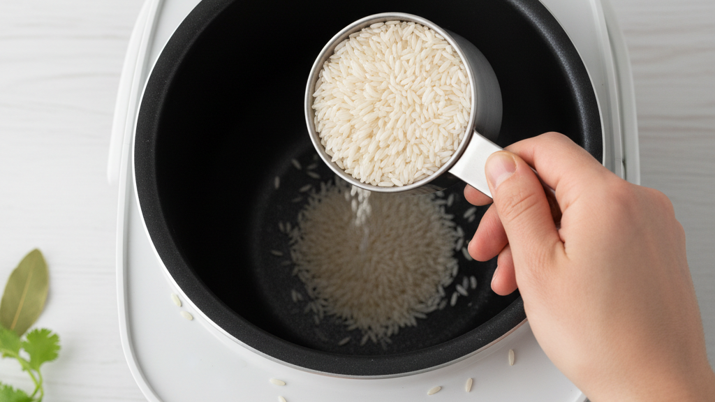 Mano colocando arroz en el recipiente antiadherente de la olla arrocera para su cocción automática.