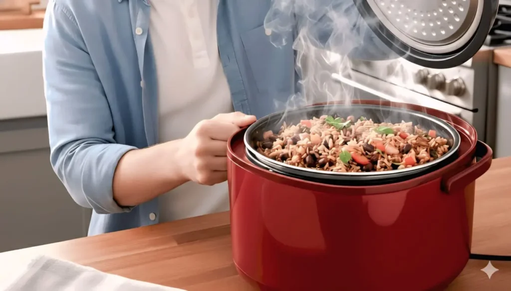 Gallo pinto recién hecho en una olla arrocera, mostrando cómo se pueden cocinar platos cotidianos.