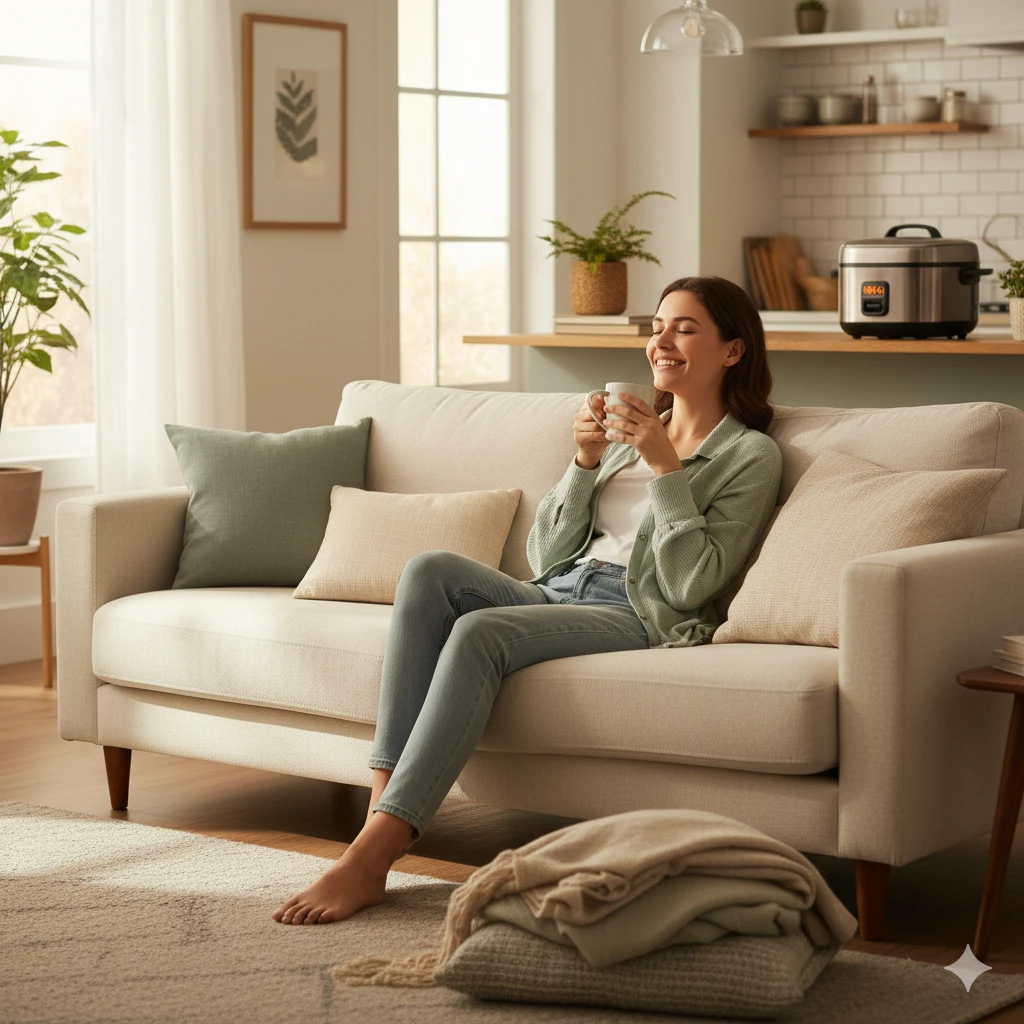 Mujer disfrutando de su tiempo libre en casa mientras la olla arrocera mantiene la comida caliente y lista.