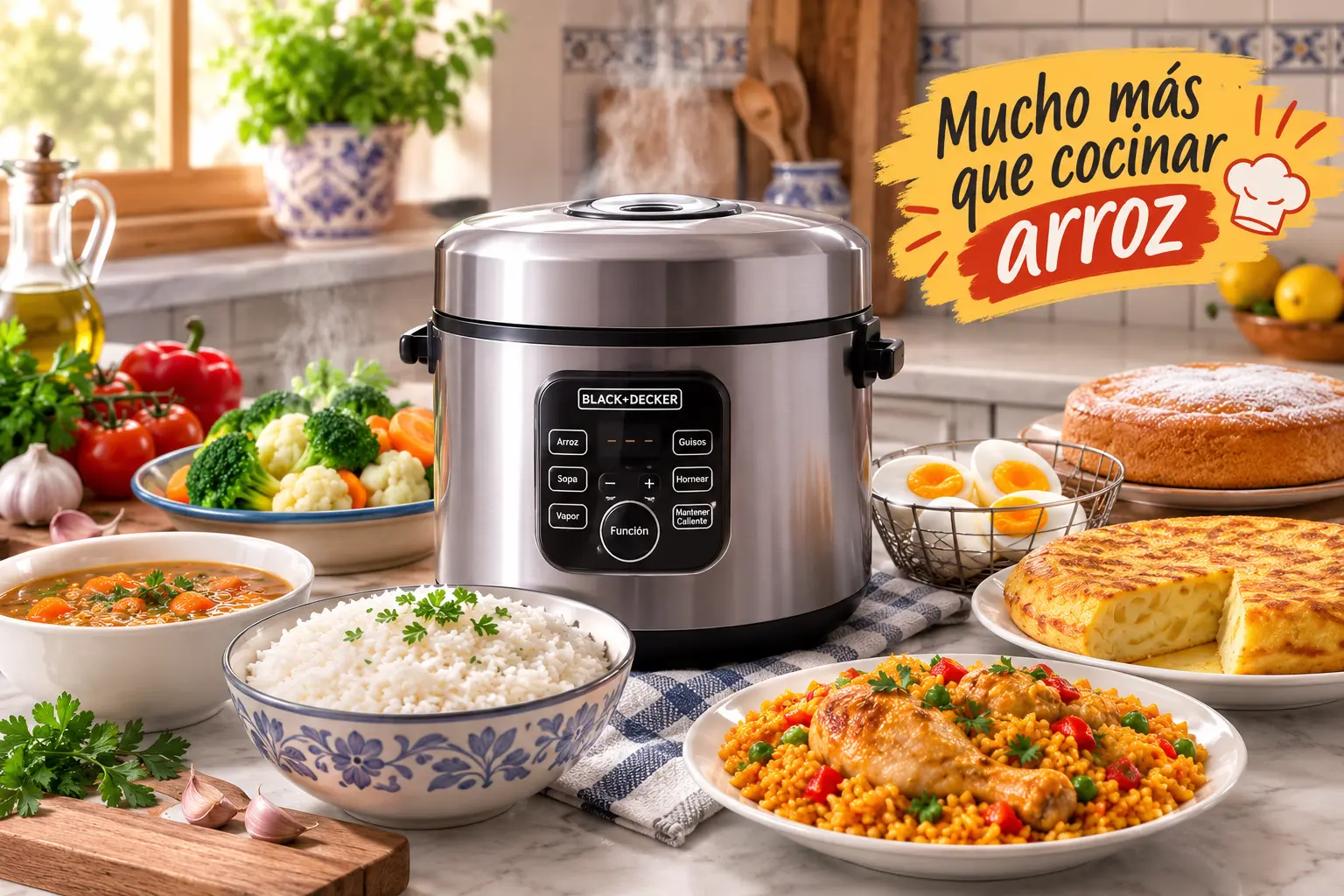 Olla arrocera multifunción con arroz, paella, verduras, sopa, salmón y bizcocho en una cocina de estilo mediterráneo, mostrando algunos de los platos que se pueden preparar.