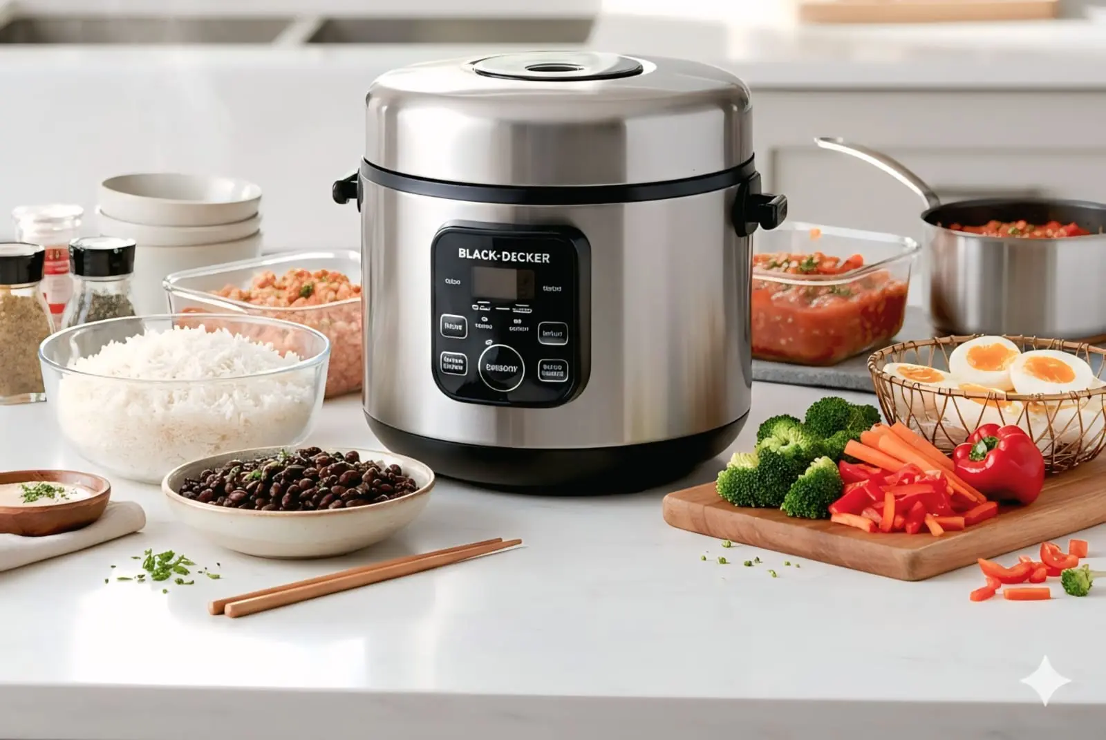 Olla arrocera eléctrica con distintos alimentos preparados para mostrar sus múltiples usos