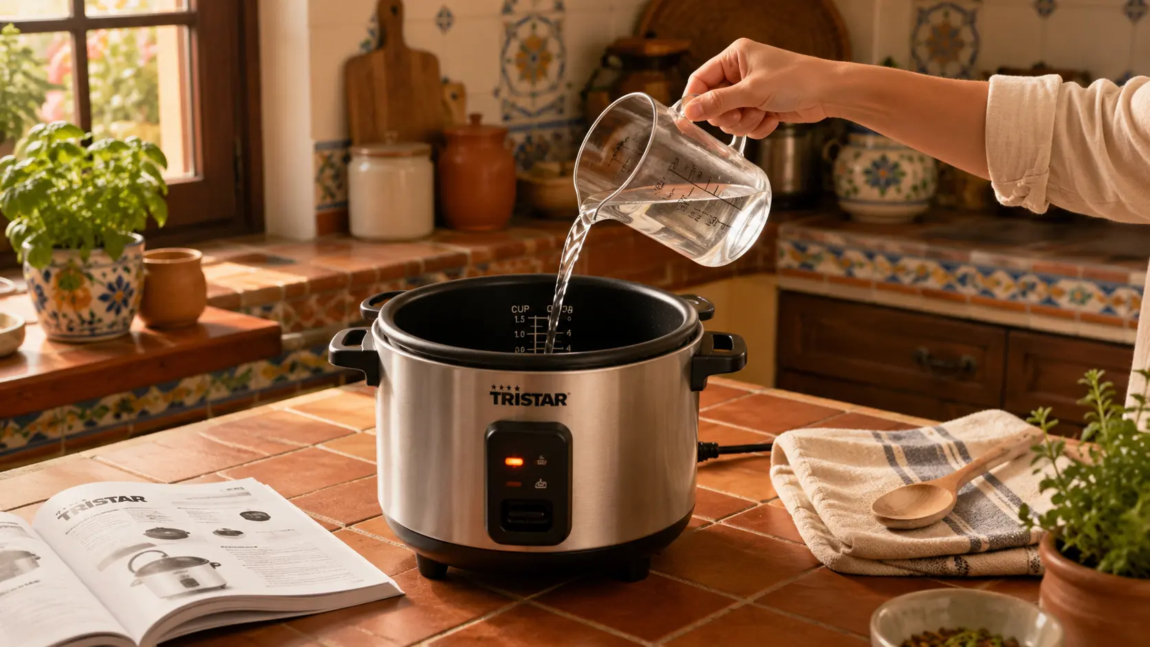 Vertiendo agua en el recipiente de una arrocera eléctrica Tristar antes de cocinar arroz en una cocina de estilo español.