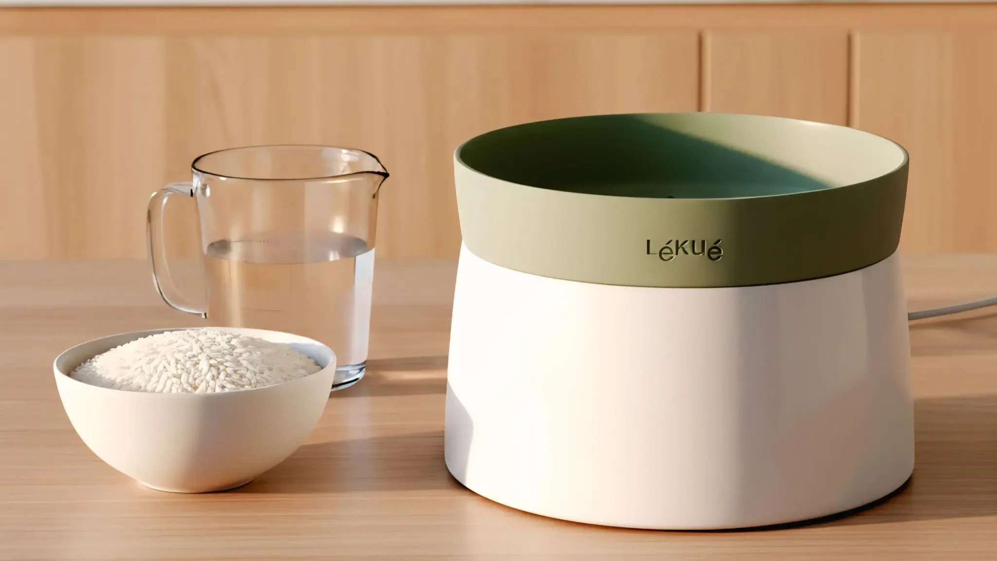 Arrocera Lékué microondas con medidas exactas de arroz y agua.