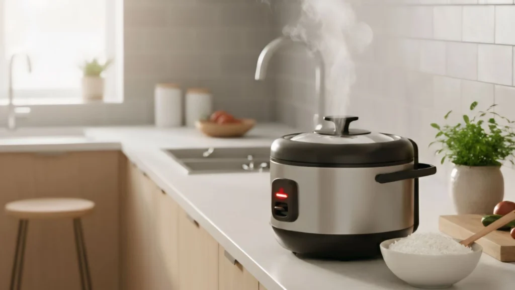 Arrocera Tristar en cocina moderna junto a un tazón de arroz suelto y bien cocido.