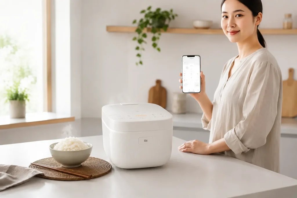 Xiaomi Smart Multifunctional Rice Cooker 3L en una cocina moderna junto a un plato de arroz recién hecho y un smartphone con la aplicación de control inteligente.