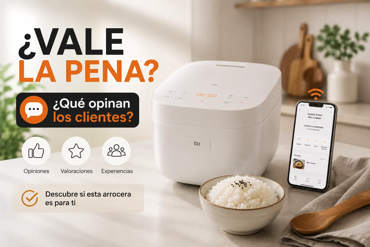 Xiaomi Smart Multifunctional Rice Cooker 3L en una cocina moderna junto a un plato de arroz recién hecho y un teléfono con la aplicación Mi Home, con el texto "¿Vale la pena? ¿Qué opinan los clientes?".