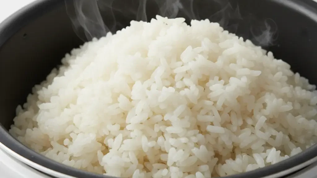 Primer plano de arroz cocido estilo asiático, suelto y con textura perfecta, en el bol antiadherente de la olla arrocera Xiaomi.