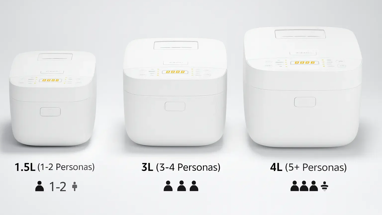 Tres modelos de arroceras Xiaomi de diferentes tamaños (1.5L, 3L, 4L) alineados, con iconos de personas para ilustrar la capacidad.
