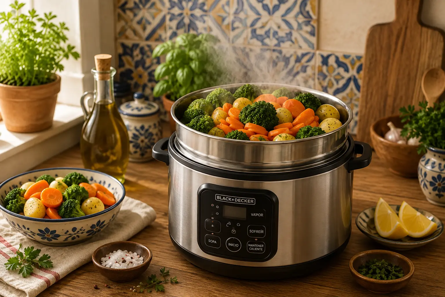 Olla arrocera con bandeja de vapor cocinando brócoli, zanahorias y patatas al vapor en una cocina de inspiración mediterránea.