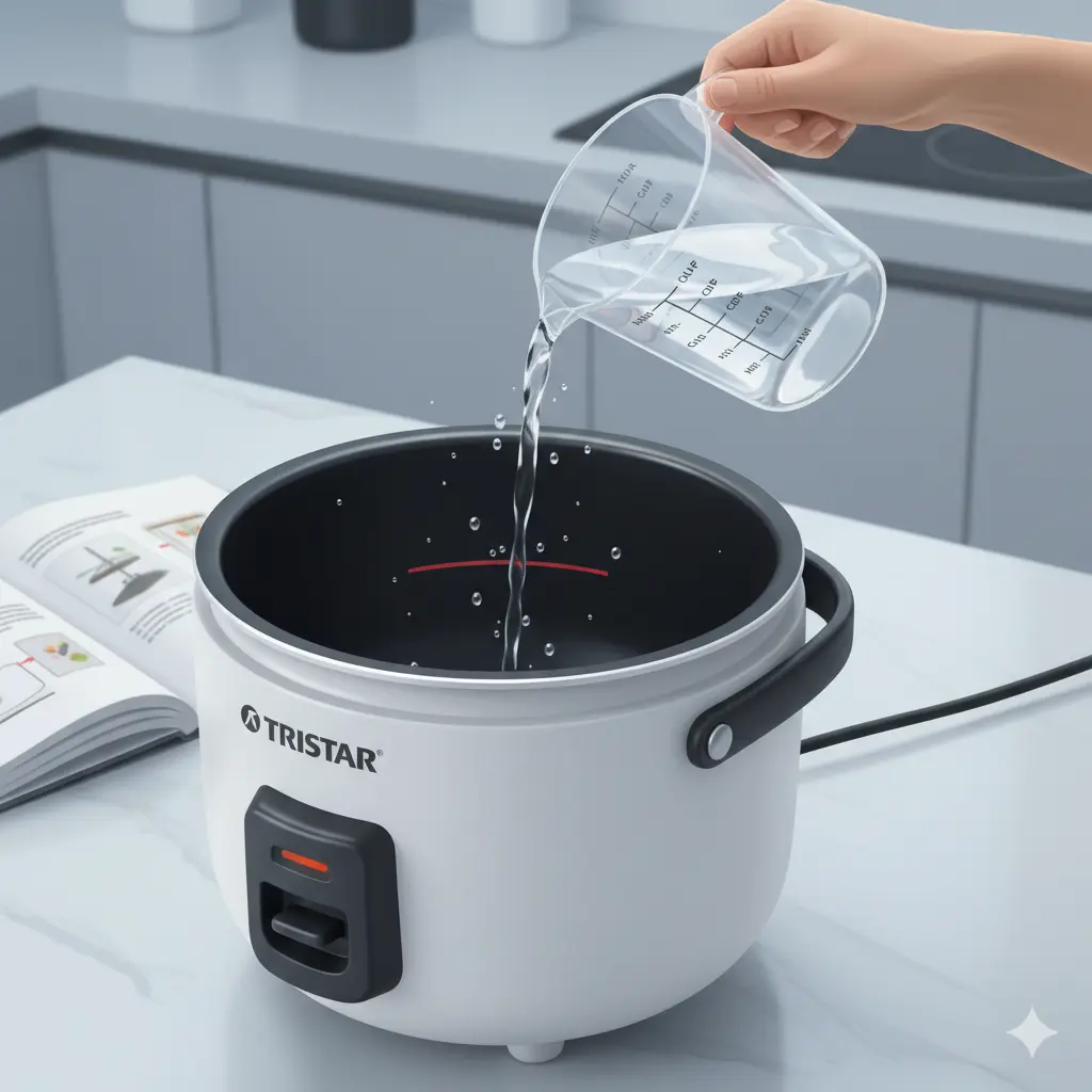 Usuario midiendo la cantidad exacta de agua para la Tristar con la taza incluida, clave para evitar el goteo y rebosamiento.