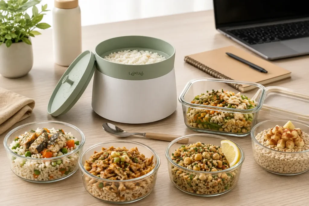 Ideas de platos rápidos preparados con la arrocera Lékué, incluyendo arroz con verduras, pollo, quinoa y avena para hacer en el trabajo.
