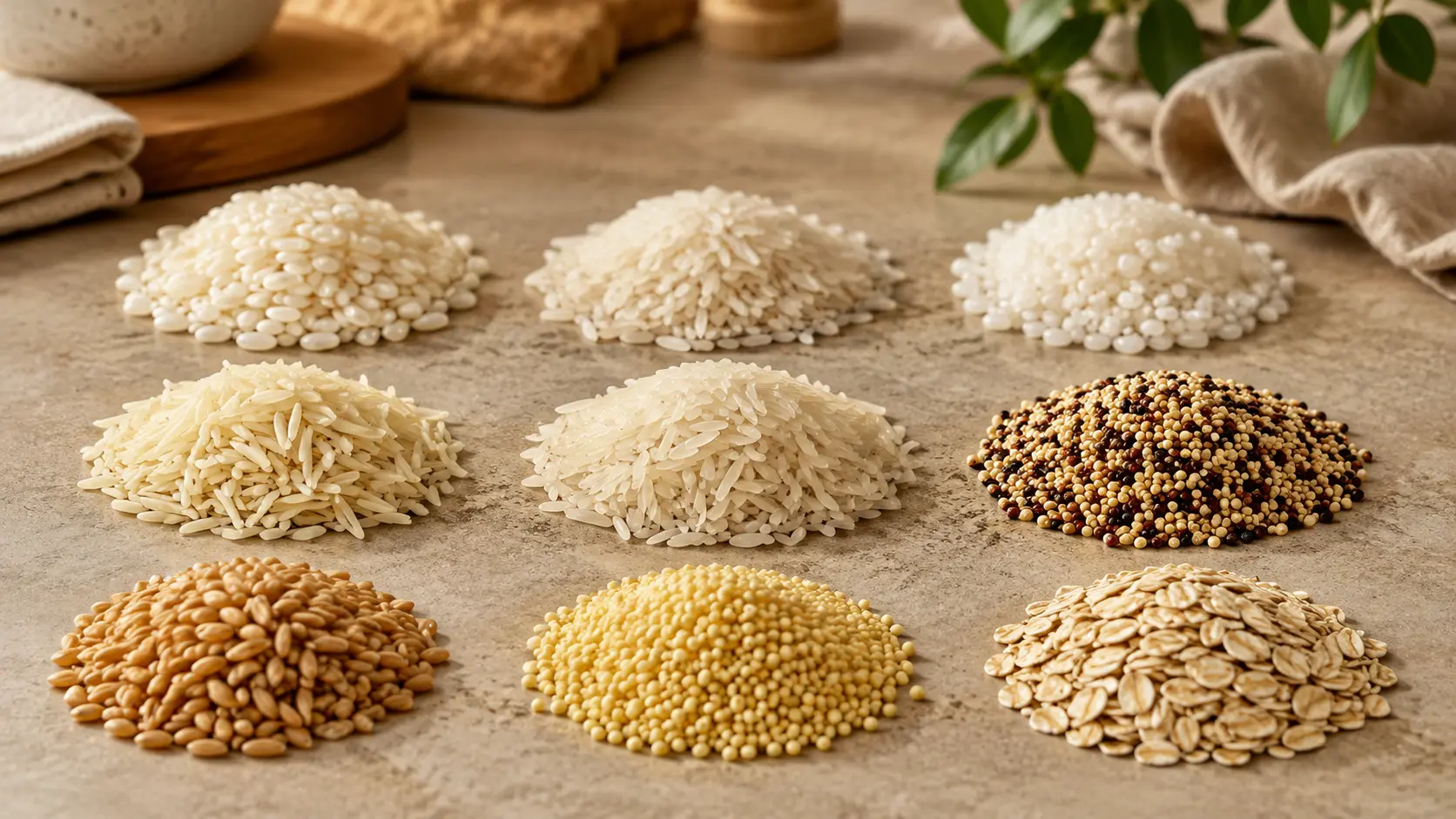 Diferentes tipos de arroz y cereales como basmati, quinoa, mijo, avena y trigo para cocinar en la arrocera Lékué.