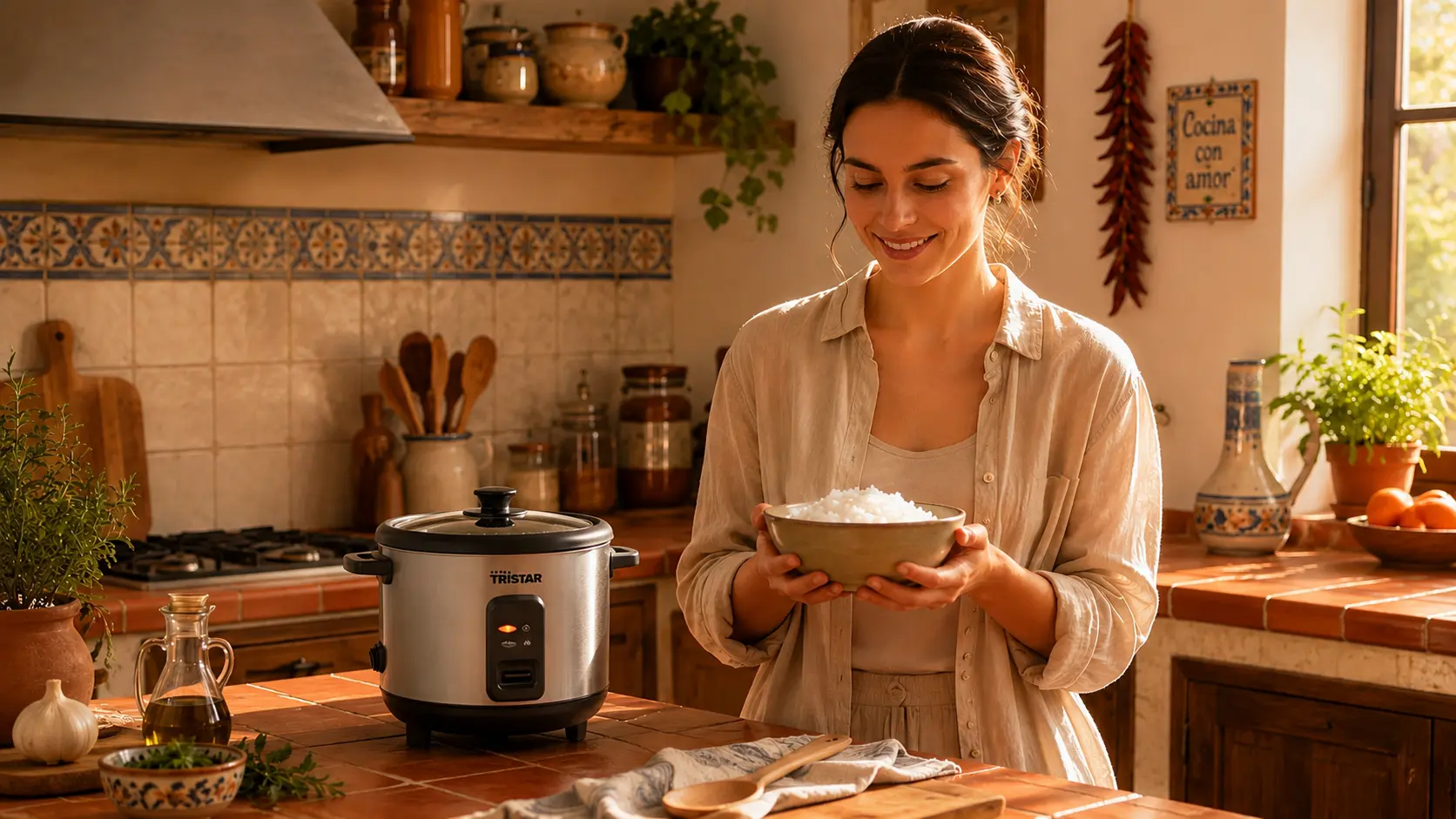 Mujer sosteniendo un bol de arroz recién cocinado junto a una arrocera eléctrica Tristar en una cocina de estilo español.