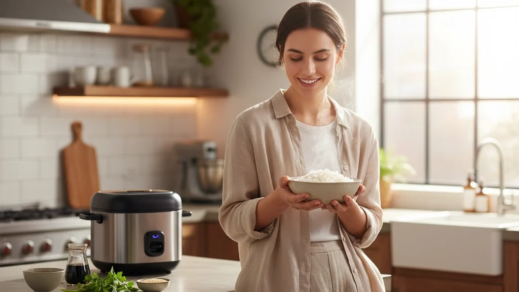 Joven satisfecho disfrutando de una comida con arroz cocido en su arrocera Tristar, reforzando la relación calidad-precio.
