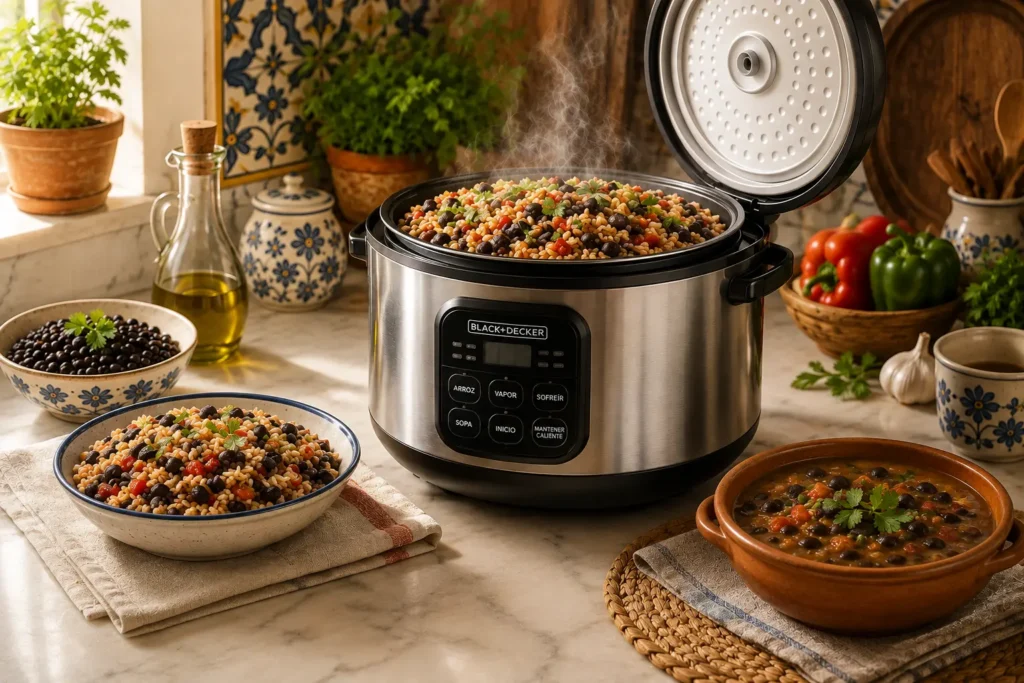 Olla arrocera multifunción preparando gallo pinto con frijoles negros y arroz, acompañada de un guiso casero y otros ingredientes en una cocina de estilo mediterráneo.