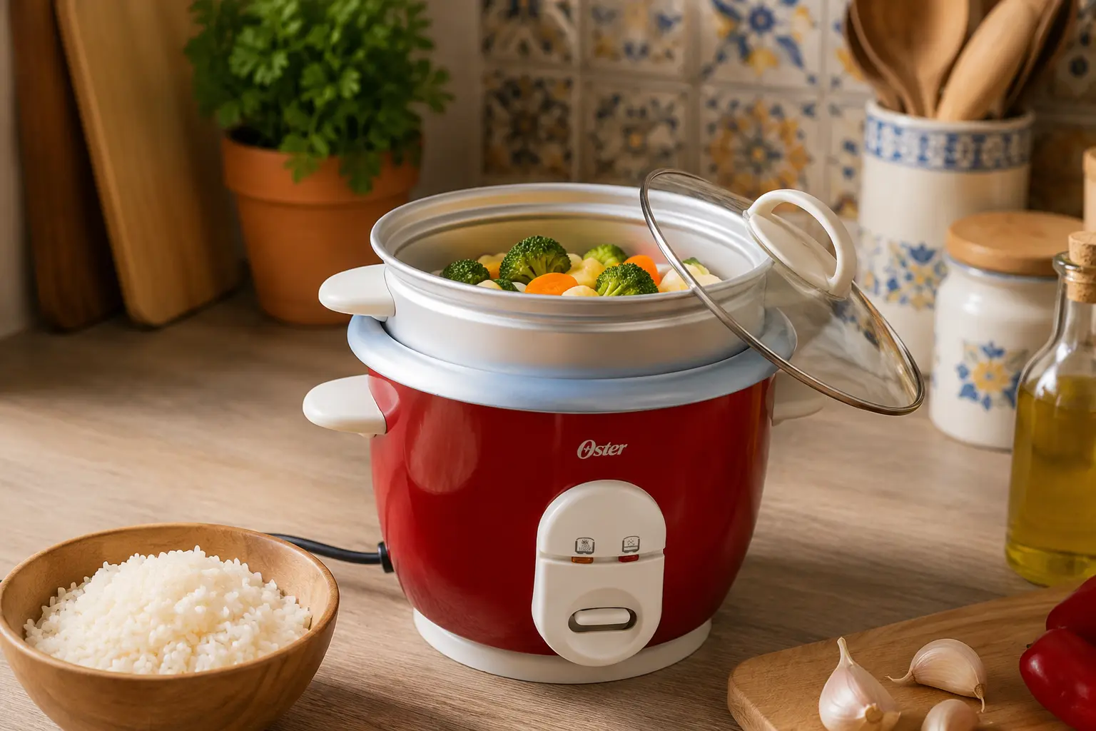 Arrocera Mini Oster CKSTRC4723-050 de 0,6 litros con vaporera y verduras al vapor en una cocina española