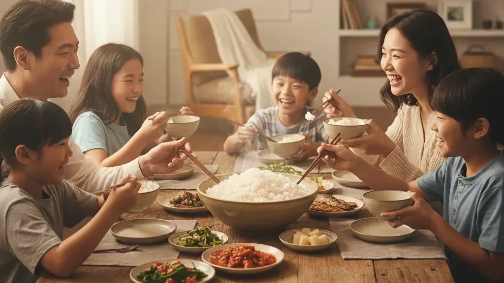 Familia asiática de 6 personas consumiendo arroz.