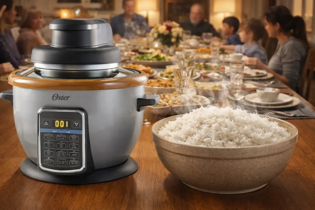 Arrocera Oster con capacidad de 24 tazas de arroz cocido.