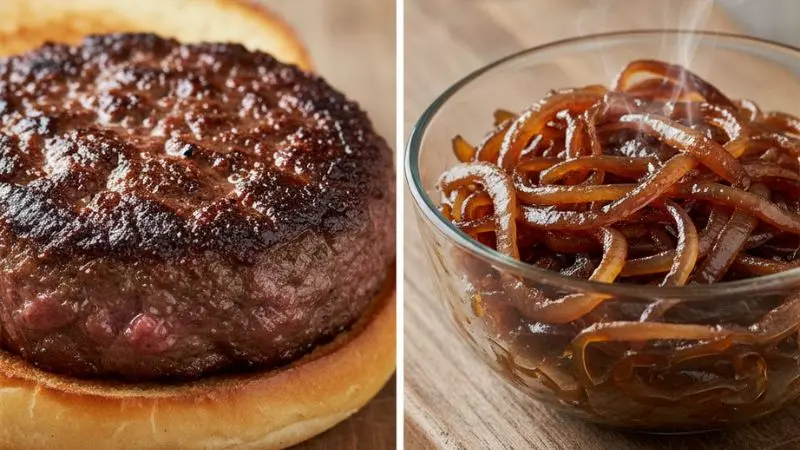 Comparativa visual entre carne sellada y cebollas caramelizadas.