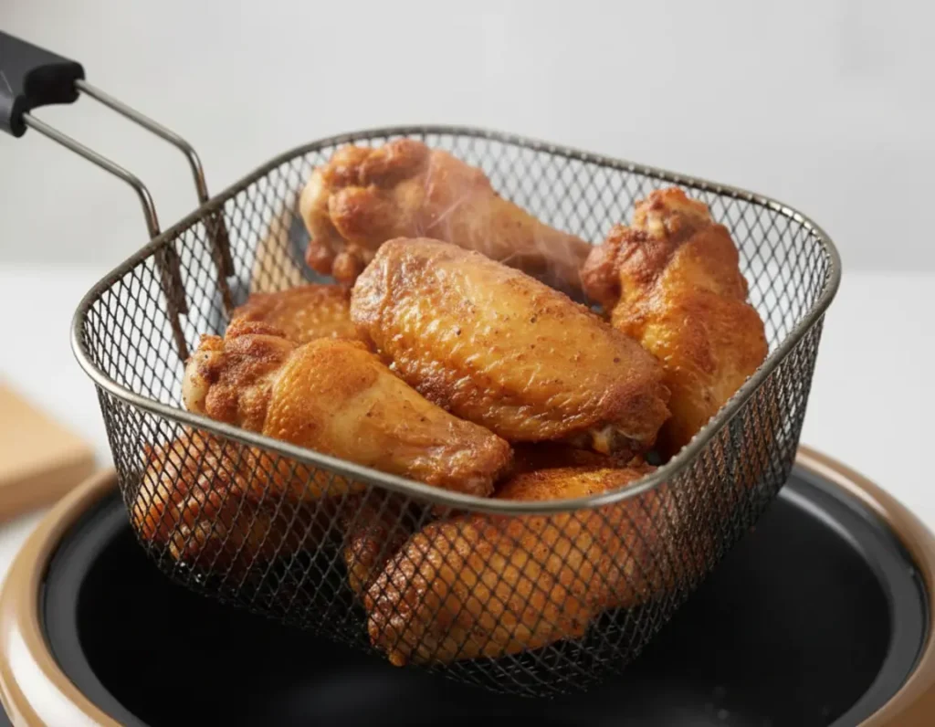 Pollo frito sin aceite usando la función de freidora de aire Oster.