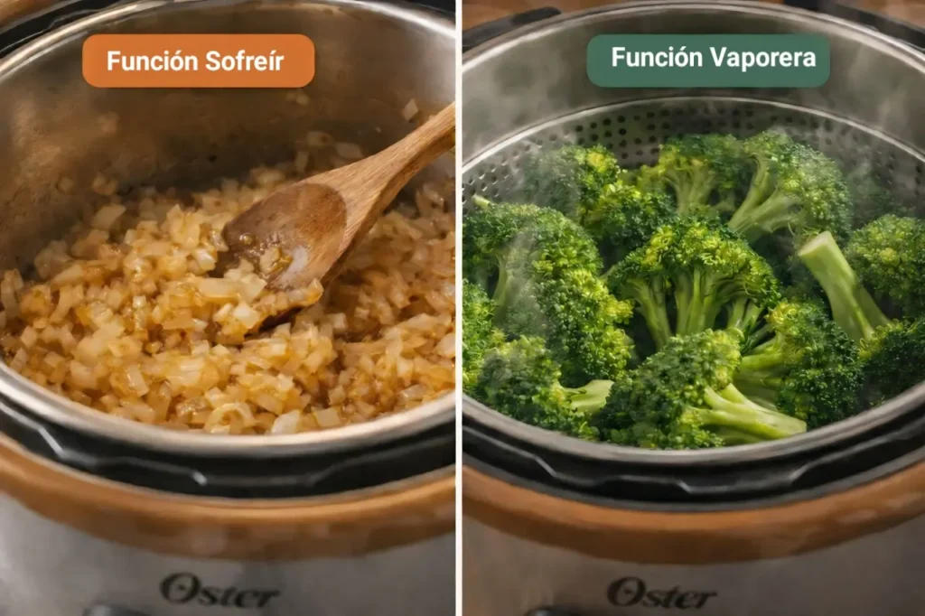 Funciones de sofrito y vaporera de la olla multifunción Oster.
