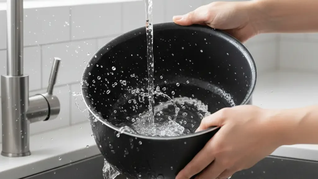 Persona lavando fácilmente el tazón antiadherente de la olla Oster.