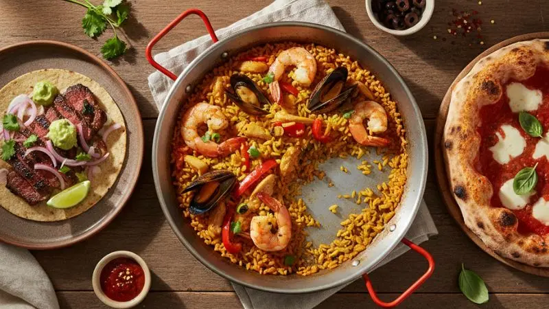 Collage de platos internacionales: tacos, paella y pizza resaltando el dorado.