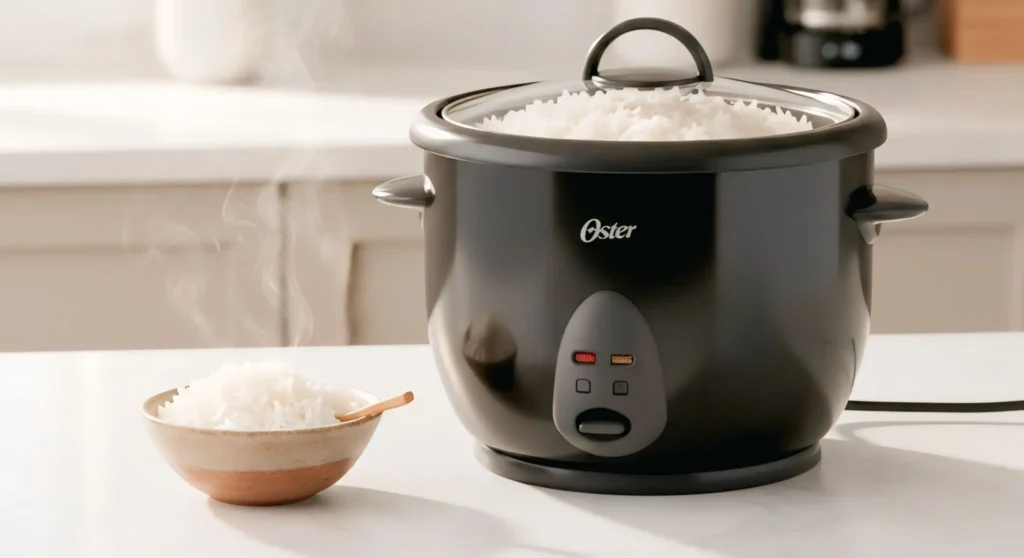 Olla arrocera Oster CKSTRC1700B de 10 tazas en una cocina moderna.