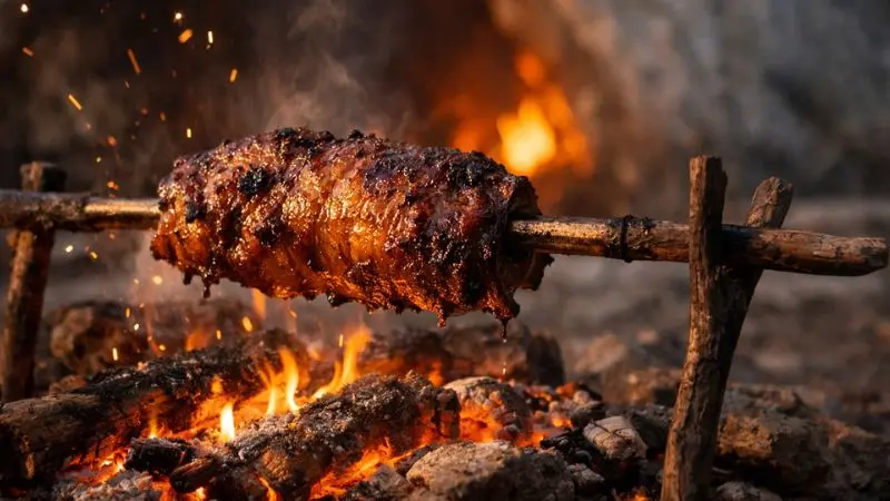 Carne asándose sobre brasas en una fogata prehistórica al atardecer, frente a una cueva.